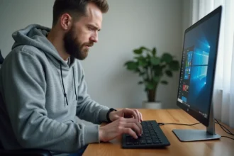 Homme utilisant un clavier mécanique connecté à un PC sous Windows 11 pour modifier les paramètres du clavier