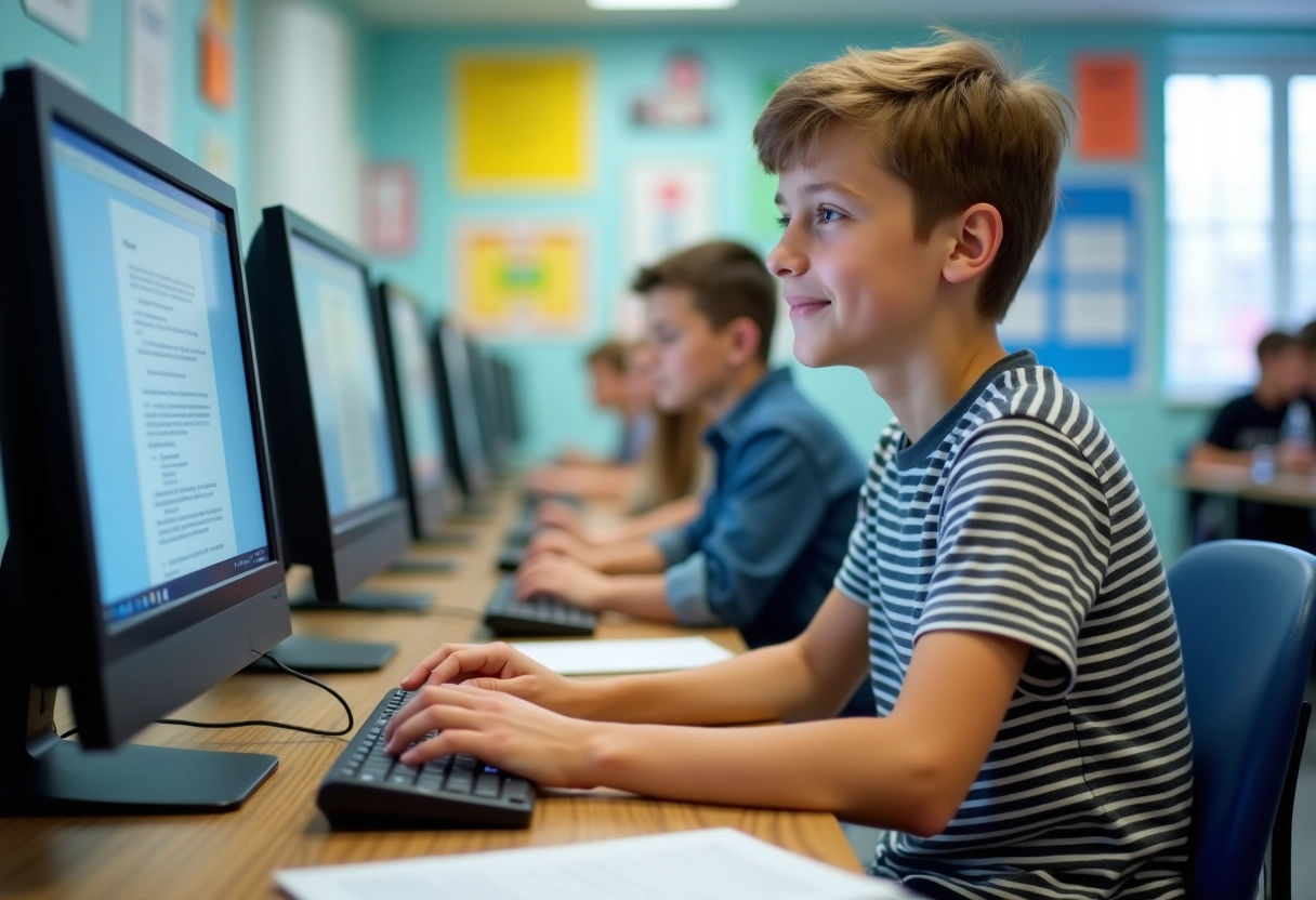 Adolescent travaillant sur un ordinateur en classe