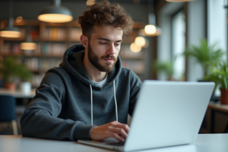 Jeune homme coder concentré dans un bureau lumineux