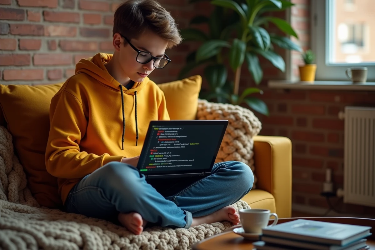 Jeune développeur configurant un environnement virtuel Python pip sous Anaconda depuis un canapé à la maison