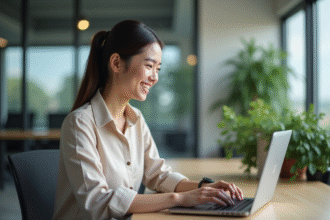 Jeune femme souriante utilisant un chatbot sur son ordinateur dans un bureau moderne