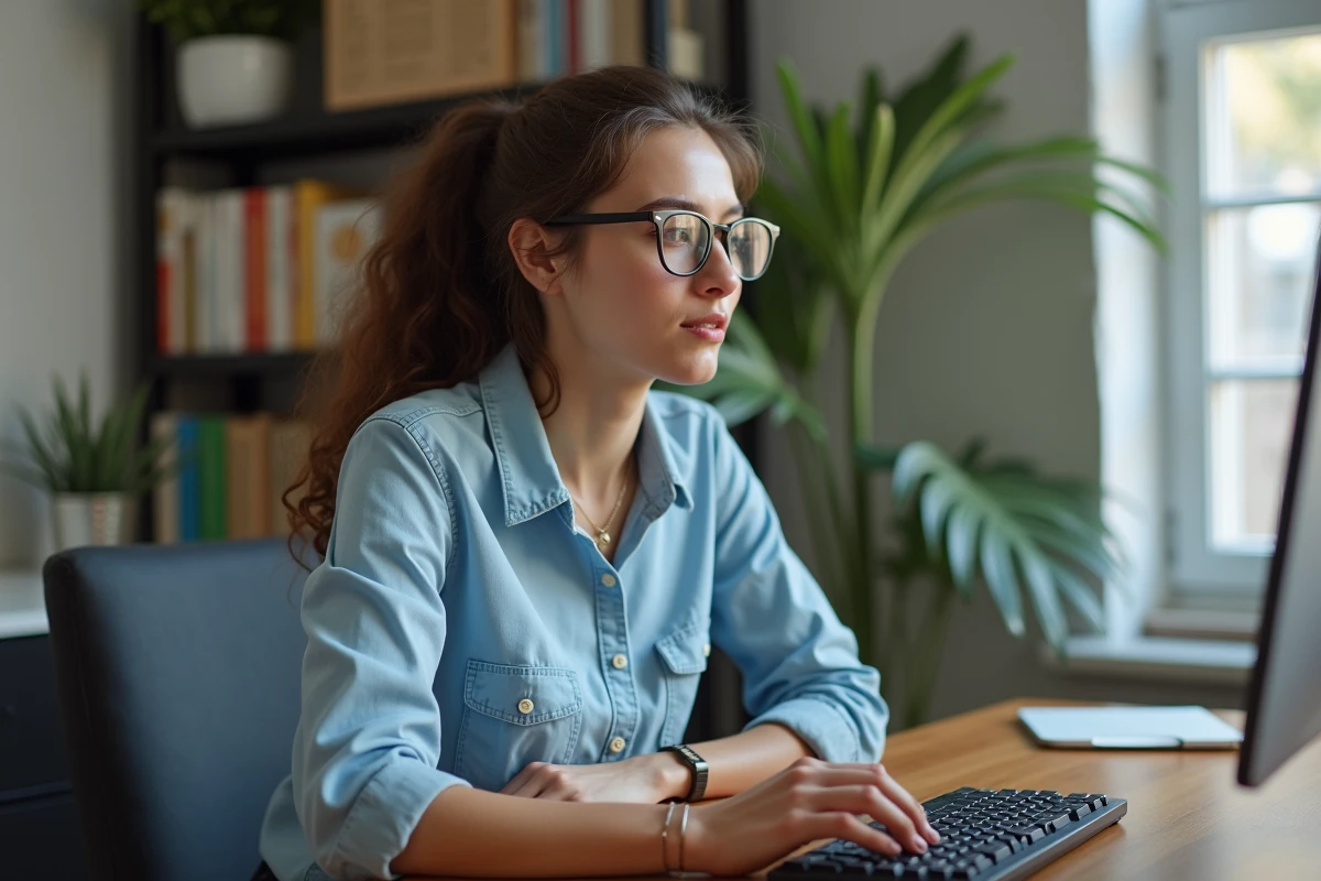 Jeune femme en denim au bureau à domicile en pleine réflexion