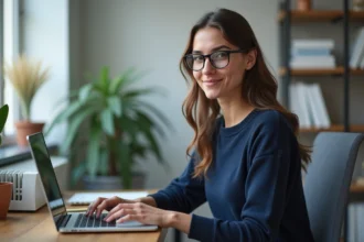 Jeune femme au bureau utilisant l'intranet Caen