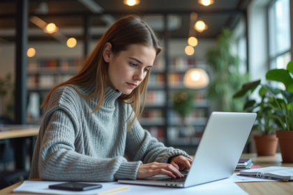 Jeune femme professionnelle tapant sur un ordinateur dans un bureau moderne