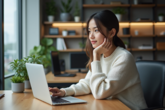 Jeune femme professionnelle au bureau avec ordinateur