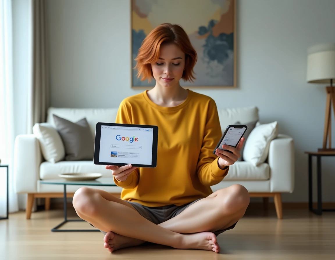 Jeune femme comparant les résultats de recherche Google sur smartphone et tablette depuis son salon
