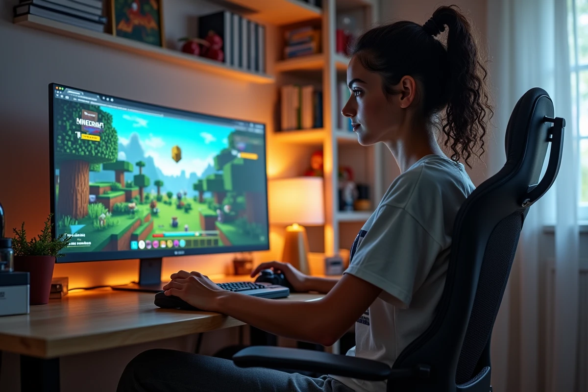 Jeune femme jouant à un mod Pokémon sur Minecraft via console dans un bureau à domicile