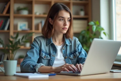 Jeune femme en denim tapant sur un ordinateur dans un bureau lumineux