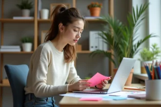Jeune femme organisée avec notes et ordinateur dans un bureau lumineux