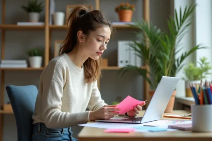 Jeune femme organisée avec notes et ordinateur dans un bureau lumineux