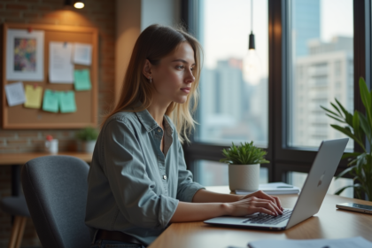 Jeune femme programmeuse concentrée sur son ordinateur portable
