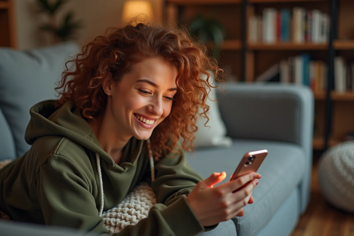Jeune femme souriante en train de retrouver des photos supprimées sur son iPhone depuis son canapé