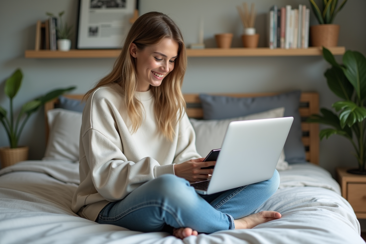 Jeune femme souriante avec ordinateur et smartphone dans sa chambre