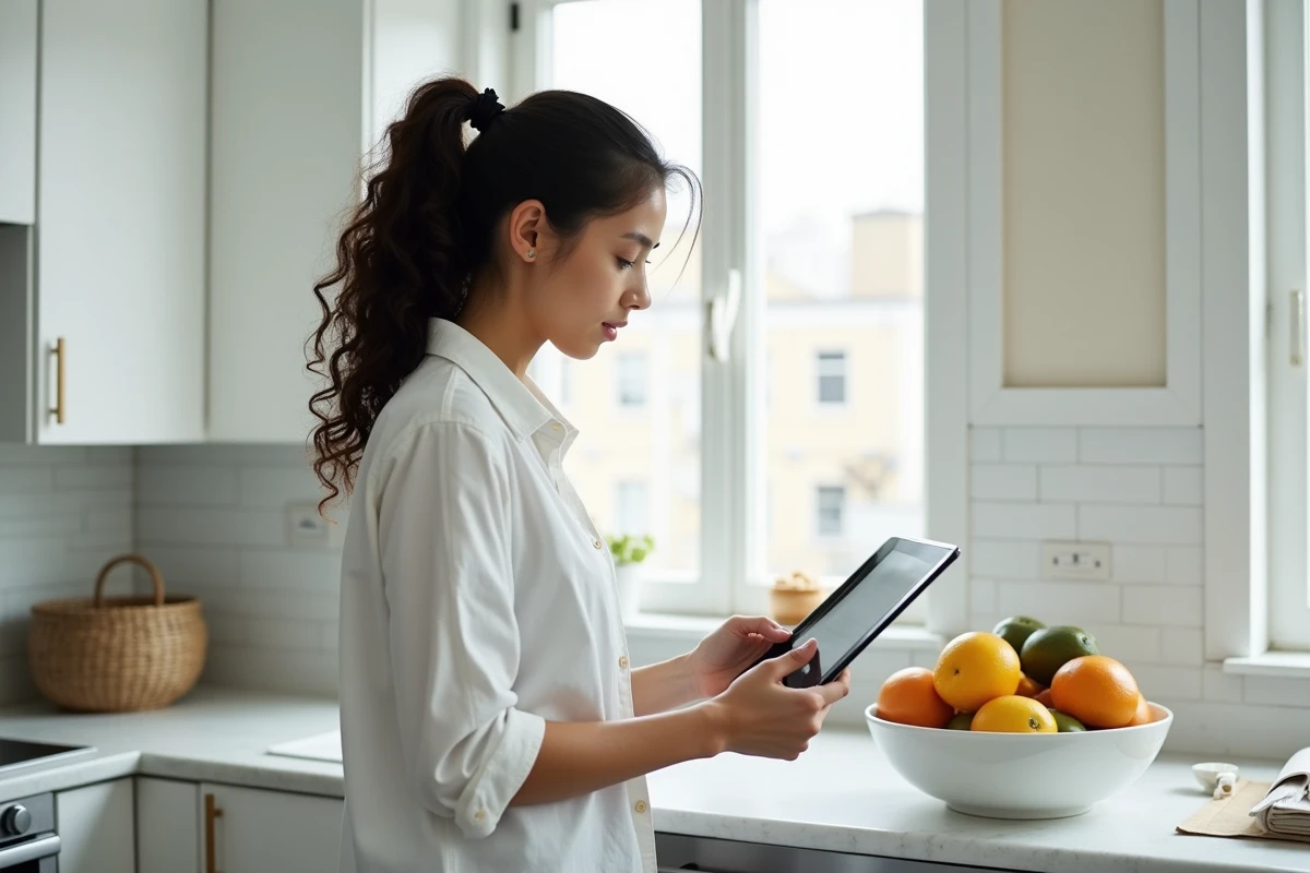 Jeune femme utilisant une tablette en cuisine pour récupérer son compte Facebook Messenger