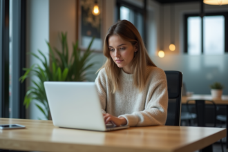 Jeune femme assise au bureau travaillant sur son ordinateur portable
