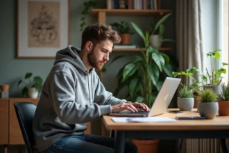 Jeune homme concentré sur son ordinateur dans un bureau cosy