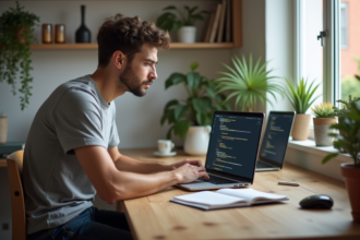 Jeune homme en jeans code HTML sur un ordinateur portable