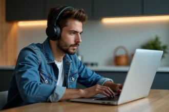 Jeune homme convertissant une vidéo musicale en MP3 à la maison