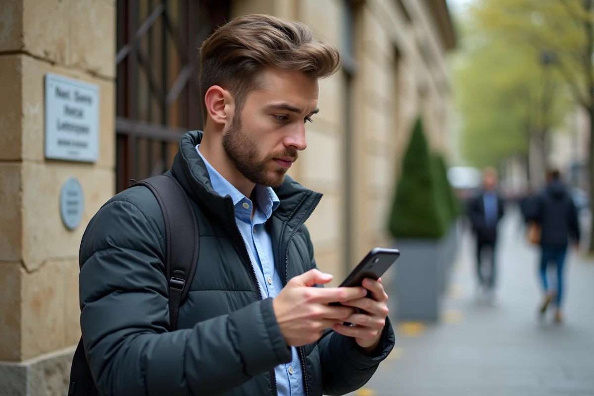 Jeune homme vérifiant son téléphone devant bâtiment régional