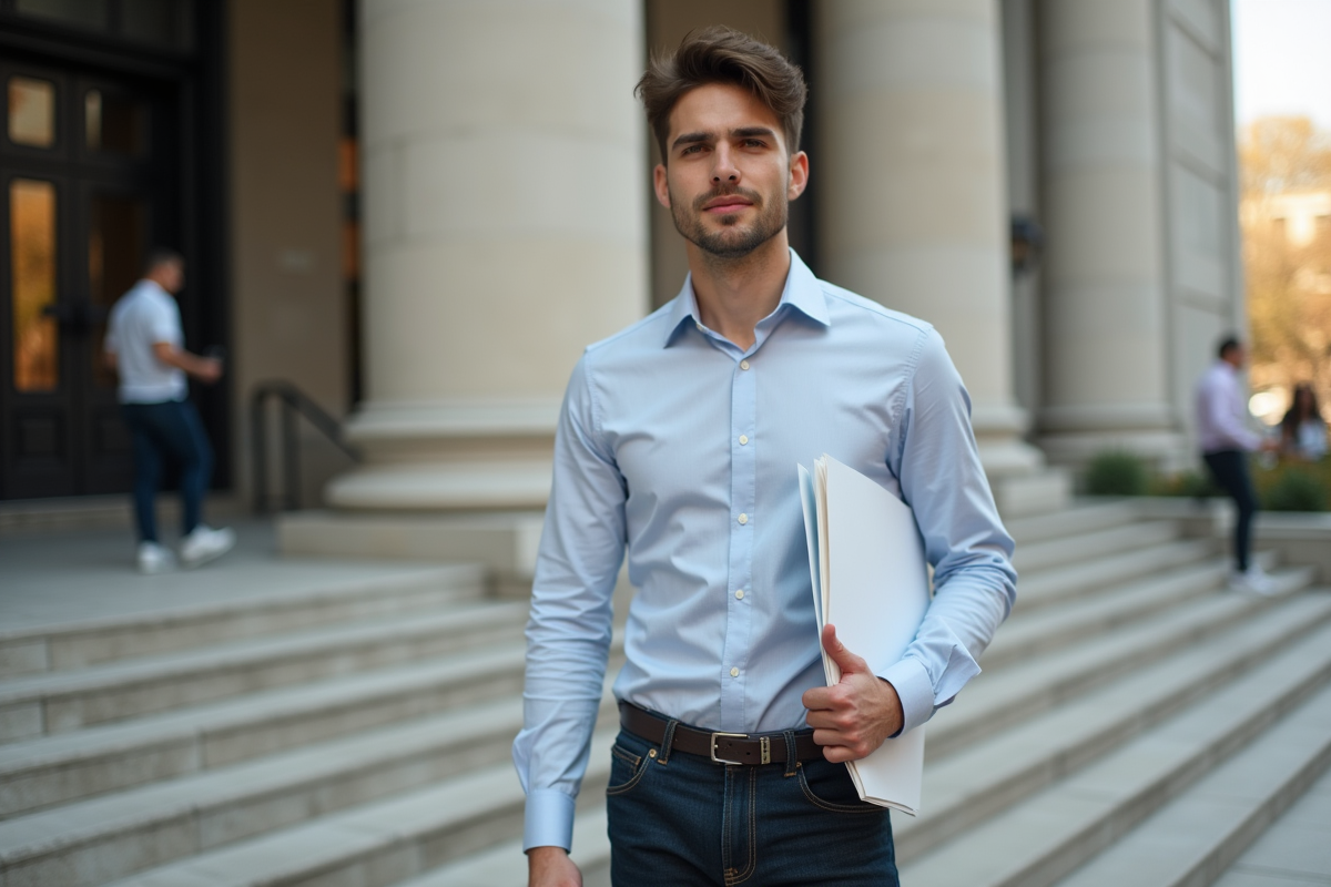 Jeune homme avec documents devant bâtiment officiel
