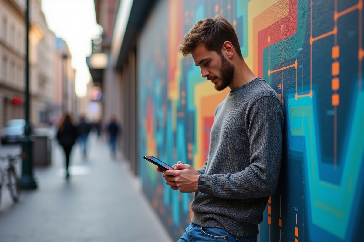Jeune homme avec tablette devant mural coloré urbain