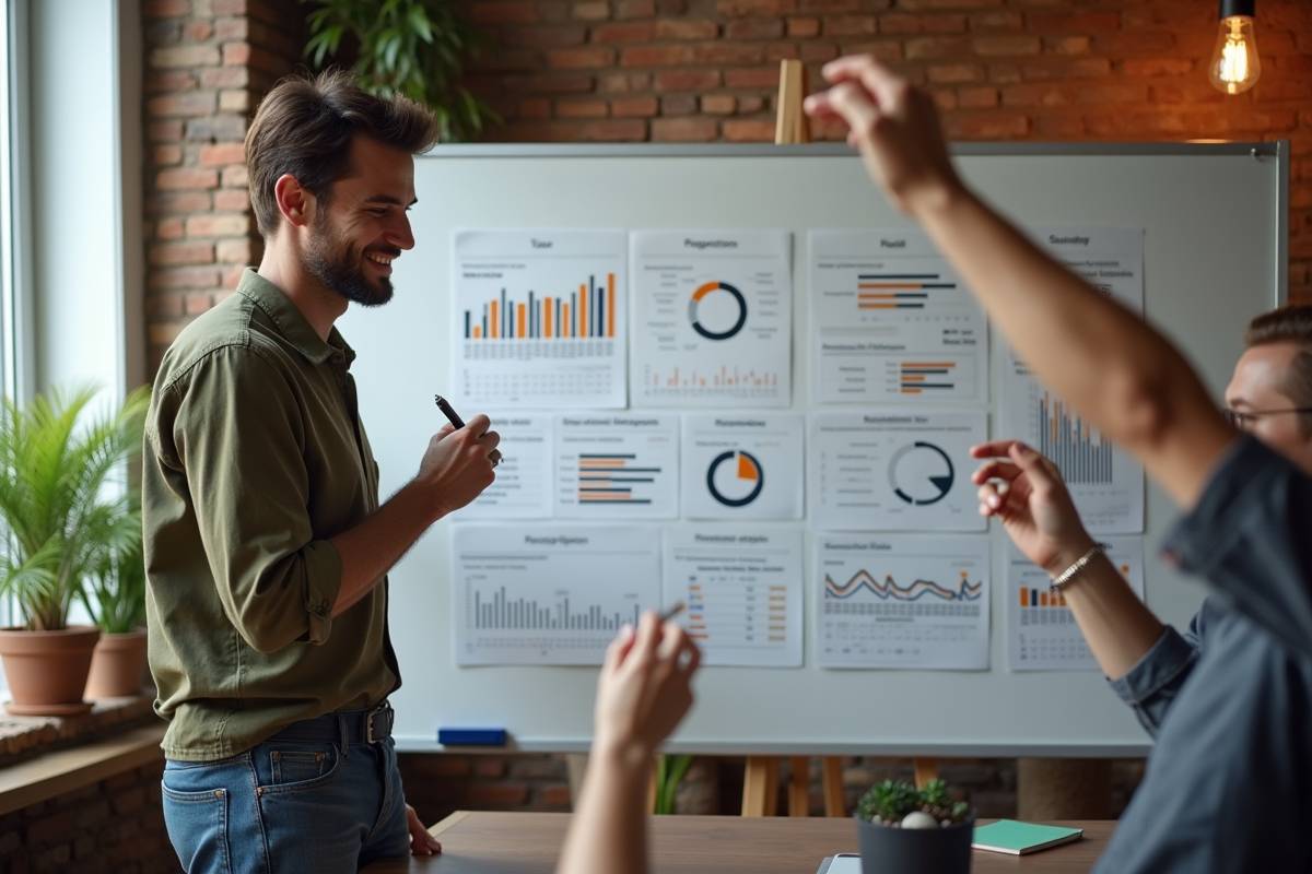 Jeune homme prenant des notes devant un tableau blanc dans une salle créative