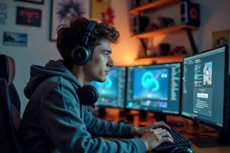Jeune homme concentré sur son ordinateur dans un bureau cosy