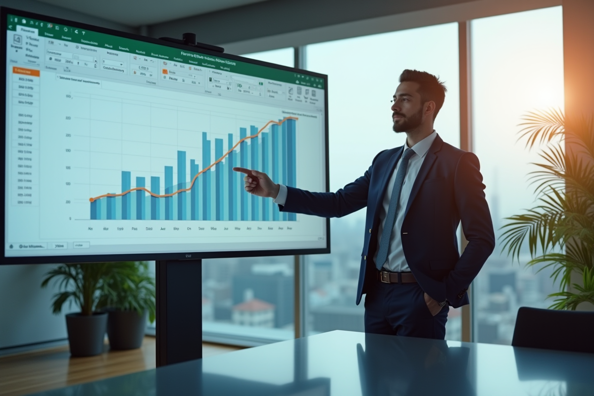 Jeune homme en réunion présentant un tableau Excel