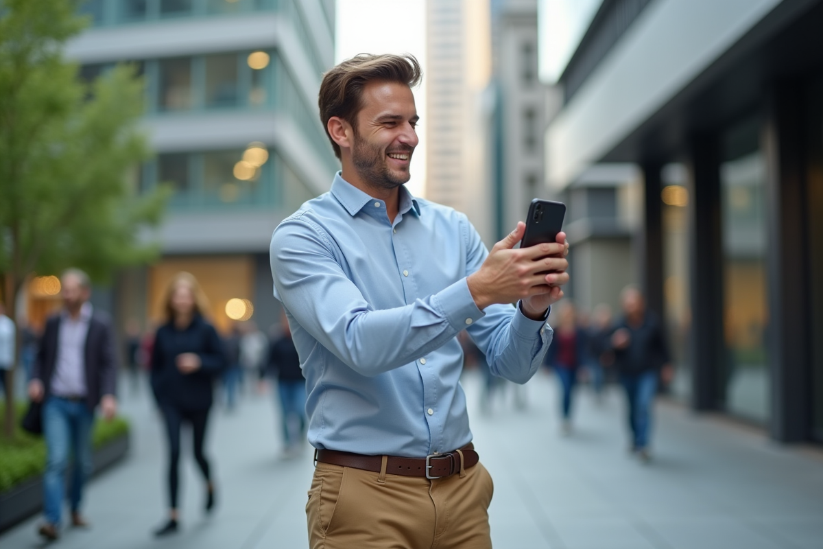 Jeune homme en ville enregistrant une video pour les réseaux sociaux