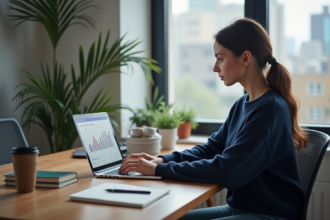 Jeune femme marketing analysant des graphiques Facebook