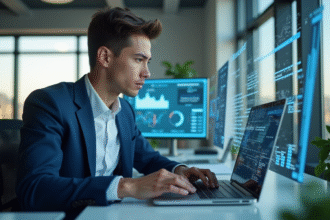 Jeune professionnel analysant des données sur un ordinateur portable