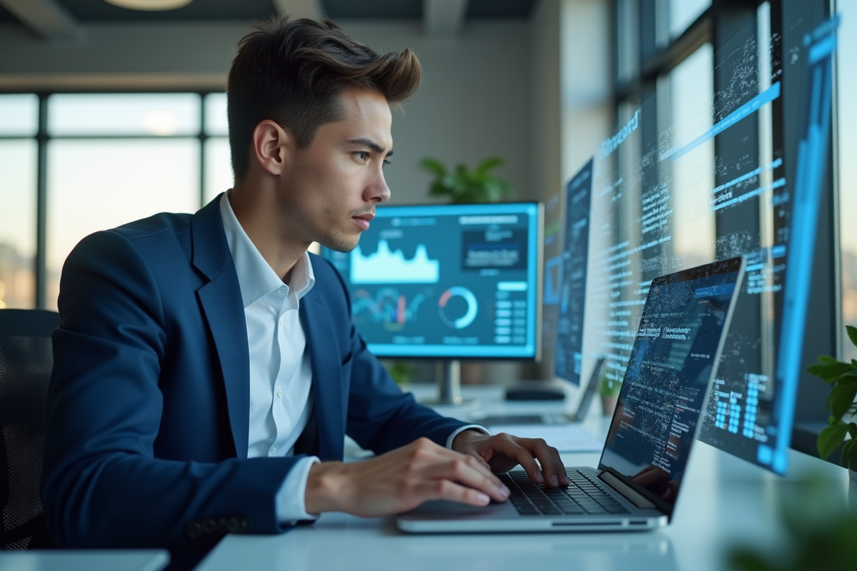 Jeune professionnel analysant des données sur un ordinateur portable