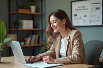 Femme professionnelle concentrée sur son ordinateur dans un bureau moderne