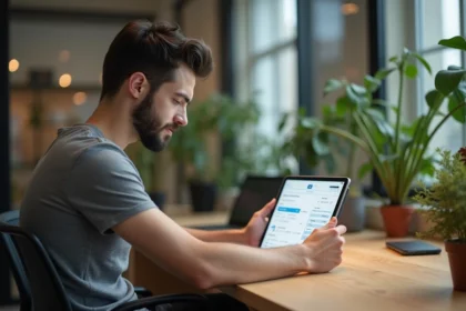 Jeune homme UX designer regardant une tablette avec maquettes