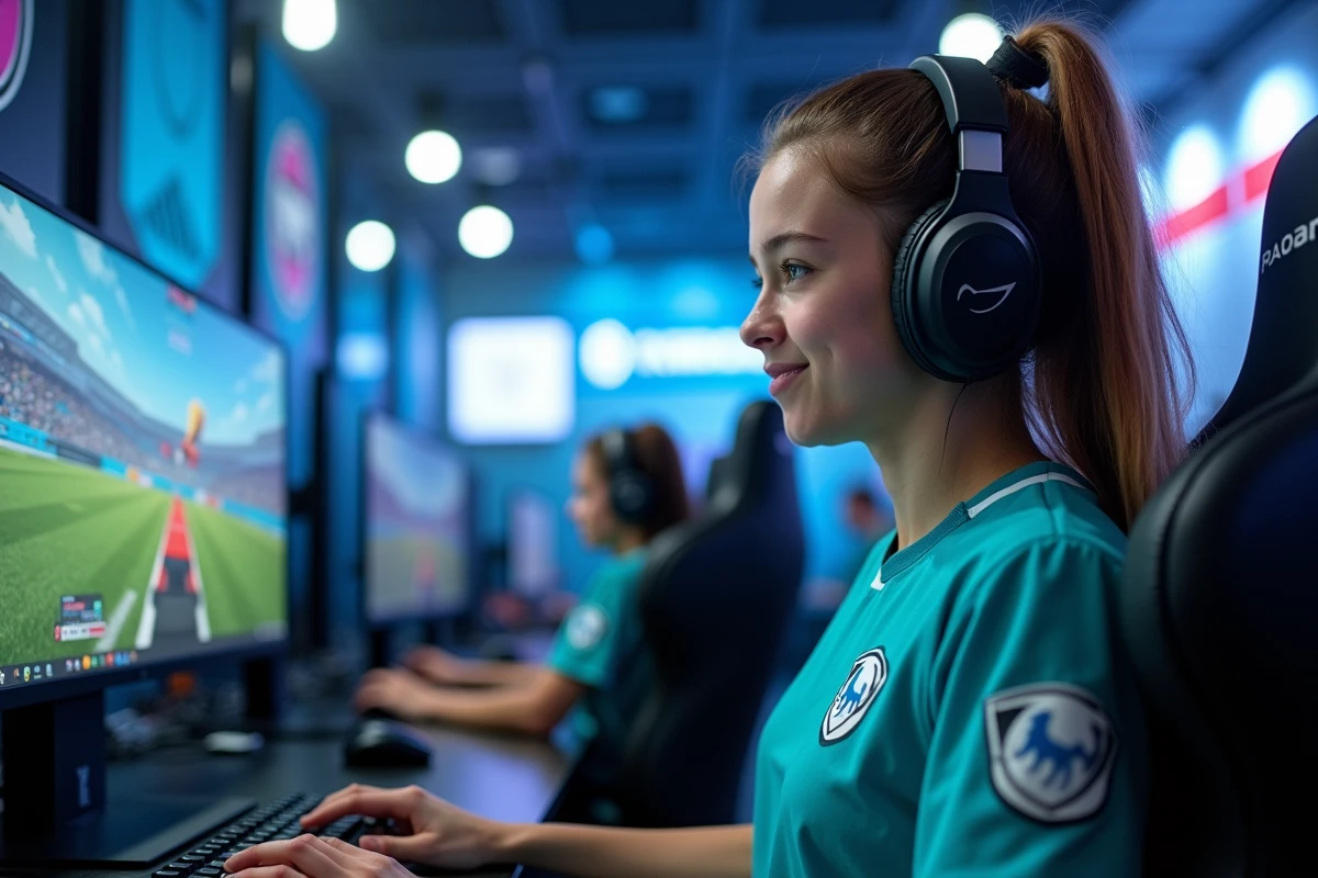 Joueuse Rocket League s'entraînant sur un drill personnalisé BakkesMod dans une salle d'entraînement esport professionnelle