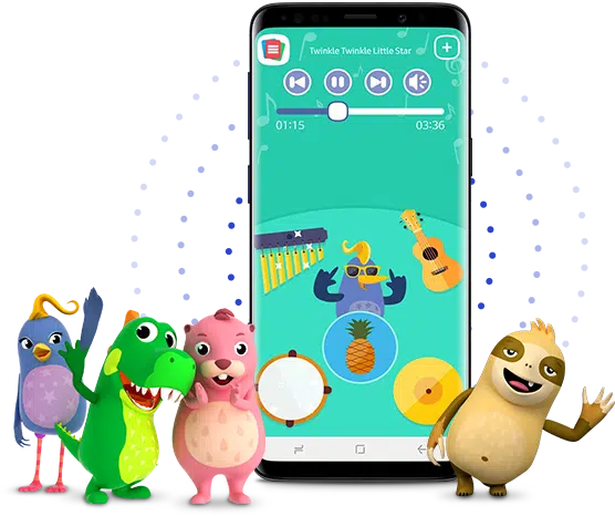 Kids mode on a mobile surrounded by its noteable characters