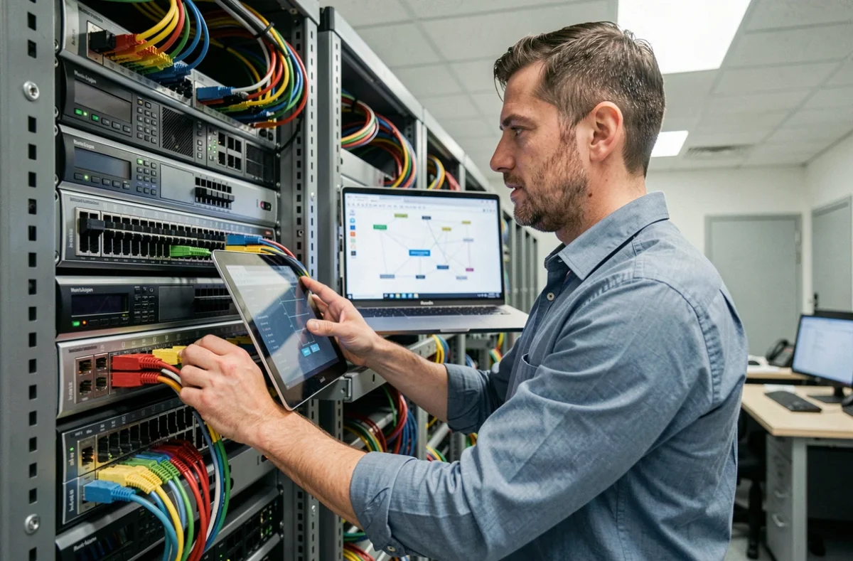 Ingénieur réseau de Logicom configurant des équipements réseau à Mont-Saint-Aignan