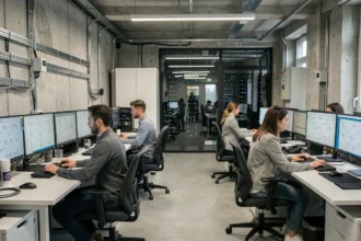 Techniciens informatiques travaillant dans un bureau moderne de maintenance informatique en Seine-Maritime