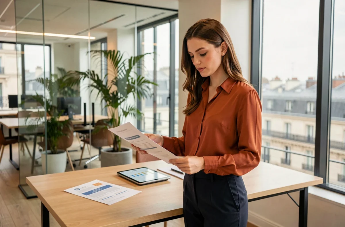 Consultante Mantu analysant des documents stratégiques dans un bureau parisien contemporain