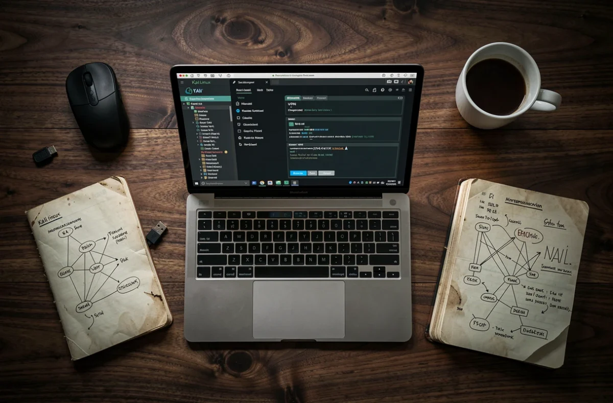 Vue aérienne du matériel informatique utilisé pour configurer l'anonymat sous Kali Linux avec terminal Tor et VPN