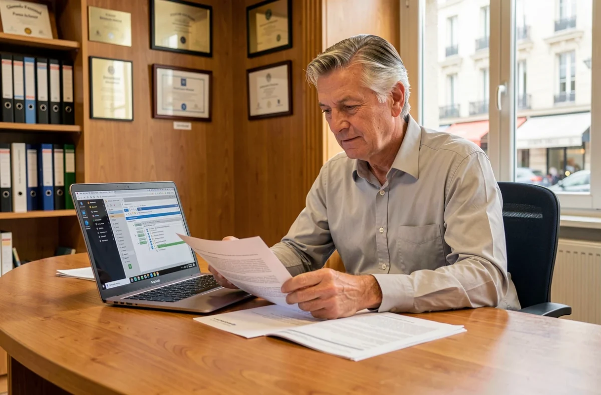 Intégrateur logiciel expérimenté dans un bureau établi à Clermont-Ferrand, révisant une documentation technique ERP