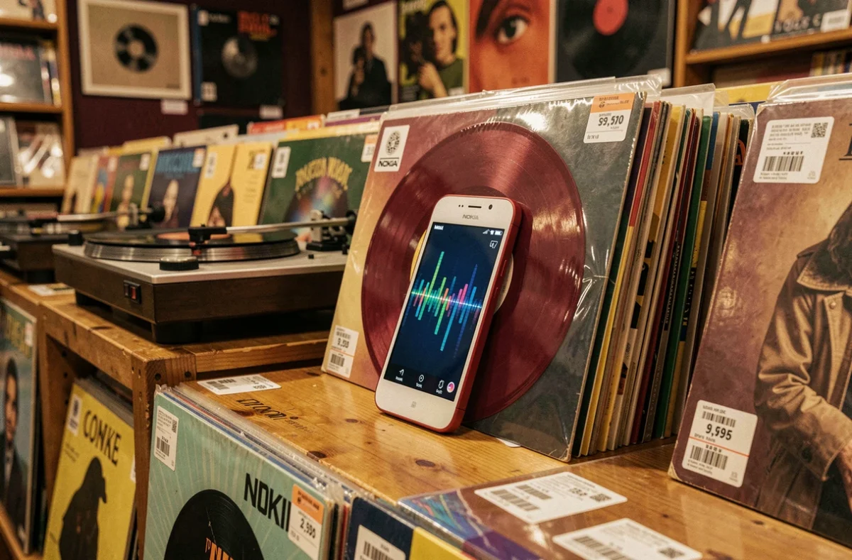 Nokia blanc et rouge appuyé contre une pochette de vinyle dans un magasin de disques indépendant avec tourne-disque vintage