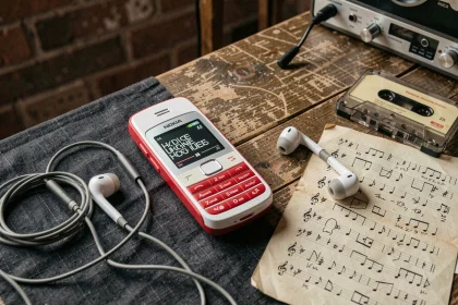 Téléphone Nokia blanc et rouge posé sur un bureau en bois avec des écouteurs et une cassette vintage, affichant une interface musicale
