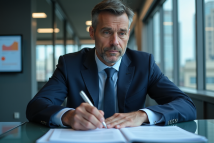 Officier securite informatique en costume navy au bureau