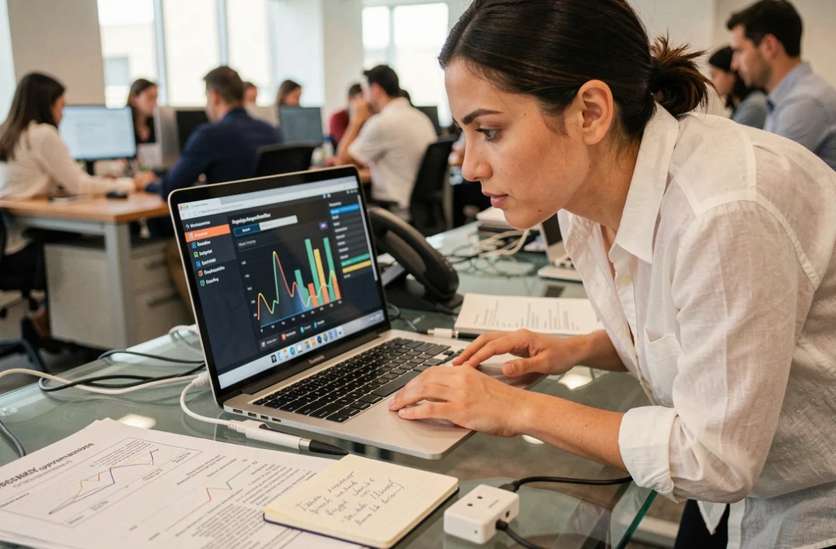 Femme consultant les paramètres d'optimisation sur un PC portable dans un bureau professionnel ouvert avec des documents techniques