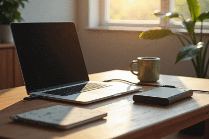 Ordinateur portable moderne sur un bureau en bois avec disque dur externe