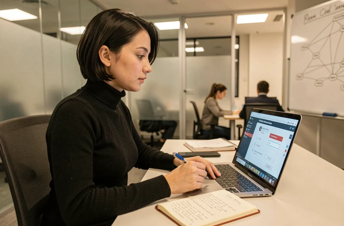 Professionnelle en cybersécurité consultant les paramètres de confidentialité de Kali Linux dans un espace de coworking