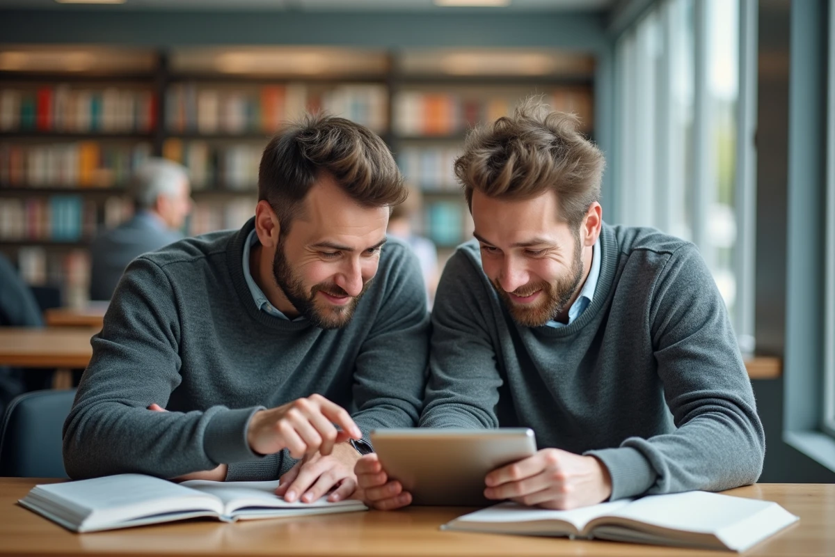 Deux hommes consultant une tablette ensemble dans une bibliothèque moderne, symbolisant le partage de documents sans compte numérique