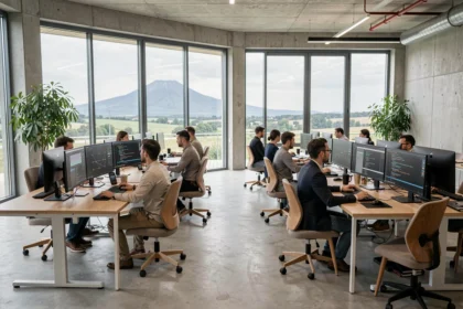 Bureau informatique moderne à Clermont-Ferrand avec des professionnels collaborant autour de postes de travail, le paysage du Puy-de-Dôme visible en arrière-plan