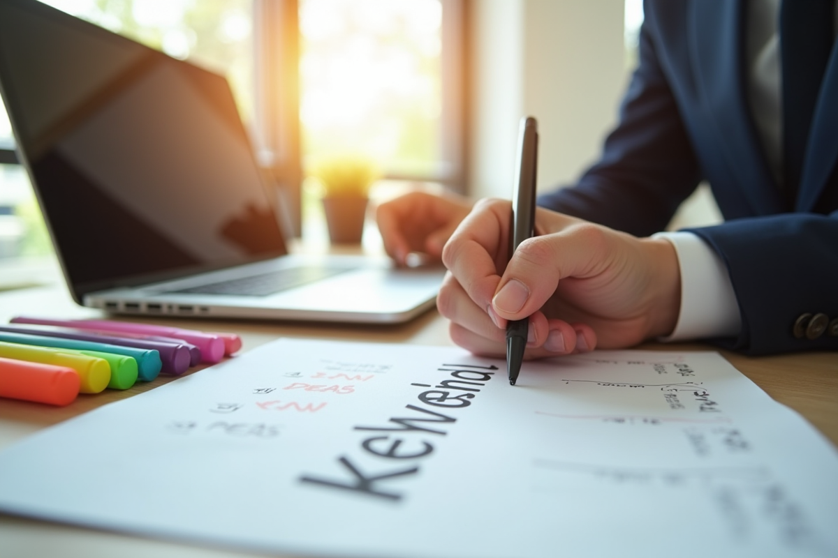 Main écrivant des mots clés sur un carnet lumineux avec un ordinateur